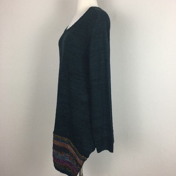 Soft Surroundings Dark Green Asymmetrical Hem Contrast Stripe Sweater Large - Picture 5 of 7